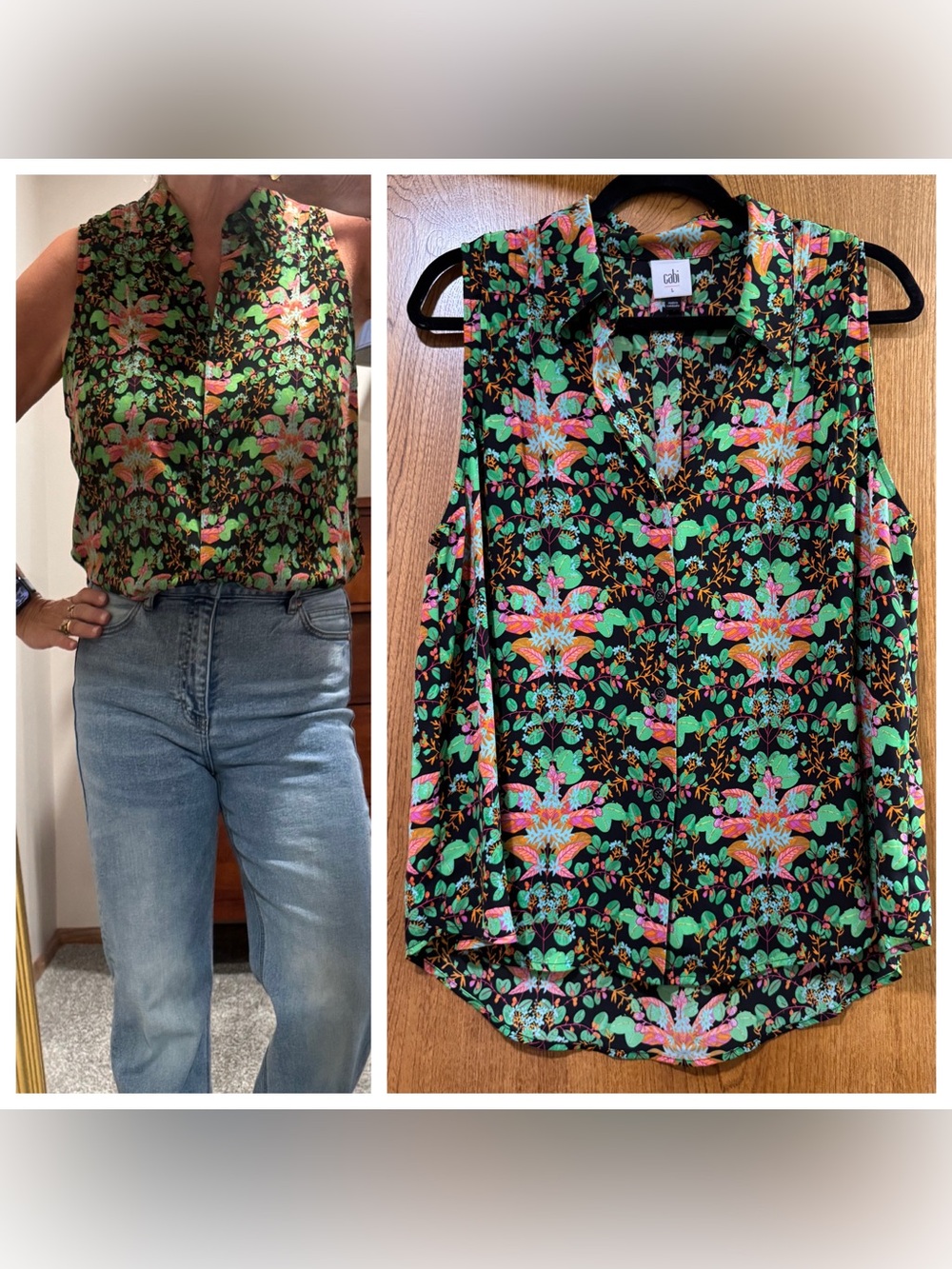 CAbi Black Floral Sleeveless Button-Front Top with Pink & Green Accents